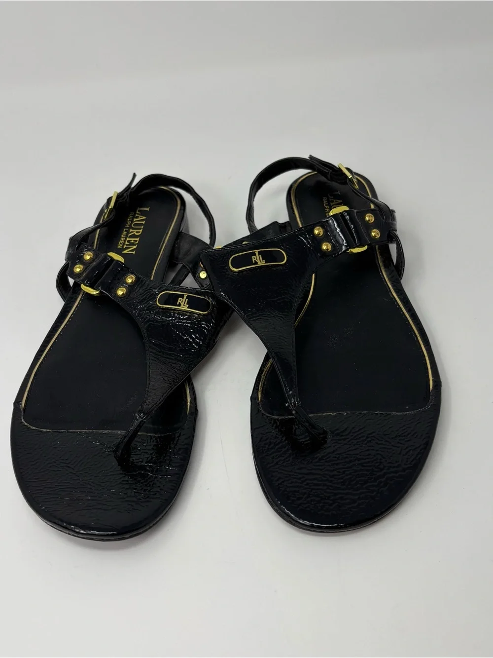 Lauren Ralph Lauren Womens 9.5 Black Patent Leather Slingback Thong Sandals